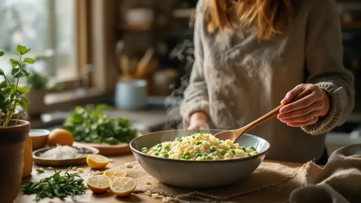 Deze romige risotto met prei en doperwtjes kan uw gewone avondeten veranderen in een troostrijke en snelle maaltijd